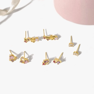 Set of 18k gold plated stud earrings with colorful zircons in geometric shapes
