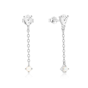 Close-up of S925 sterling silver opal earrings with zircons and long tassel chains