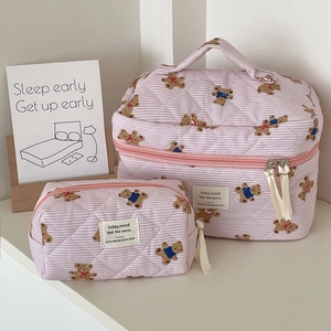 Quilted pink striped teddy bear makeup bags with handle and zipper closure, set of two