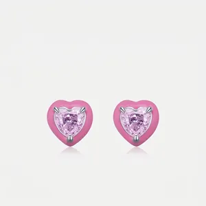 Heart Stud Earrings 925 Sterling Silver Pink Enamel Heart Zircon Cute Sweet Elegant Jewelry For Women