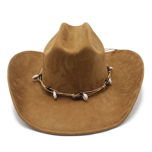Close-up of brown suede cowboy hat with braided cord, white shells and wooden beads detail