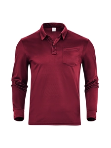 Detail of burgundy polo shirt mesh fabric with size M label and button placket