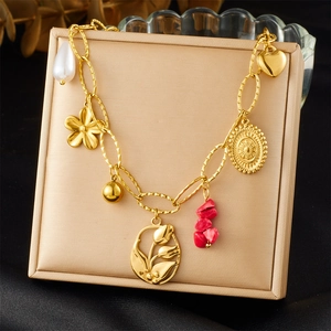 Vintage 304 Edelstahl Vergoldete Halskette Mit Mehreren Anhängern Tulpe Kreuz Kunstperle Roter Stein Herz Charms Chic