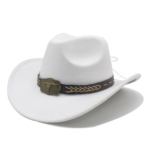 White felt western cowboy hat with brown leather band and bronze bull head ornament