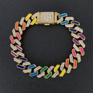 Hip-Hop-Gold-Panzerarmband mit bunter Emaille und funkelnden Strasssteinen