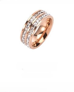 Detail view of rose gold titanium steel ring with double-row shimmering diamond accents