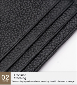 Close-up of premium black lychee leather card holder showing precise stitching detail