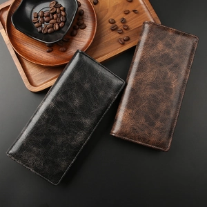 Retro mens long leather wallet in black and brown colors with vintage textured finish