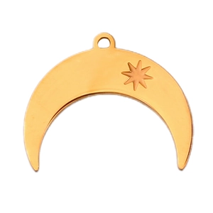Close-up of golden moon pendant with embossed star detail and hanging loop