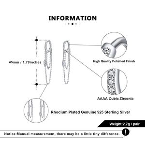 Detailed specs of 925 sterling silver drop earrings with cubic zirconia and rhodium plating