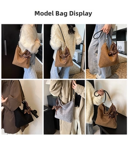 Detail shots of teddy fleece bucket bag with leather strap and puppy charm in three colors