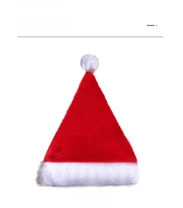 Close-up of plush red LED Christmas hat with white faux fur trim and glowing light component