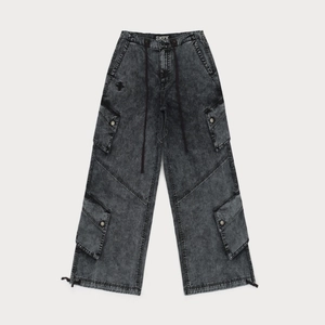 Snow grey vintage cargo pants with multiple pockets and cross pattern on loose fit fabric