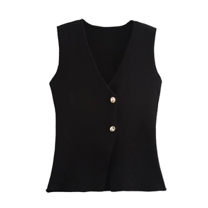 Close-up of black V-neck knit vest featuring two decorative gold metal buttons and slim cut