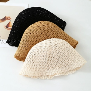 Hollow knit bucket hat for women in black, khaki, and cream for summer sun protection