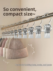 Detail of non-slip stainless steel laundry clips with hooks for organizing knitted hats