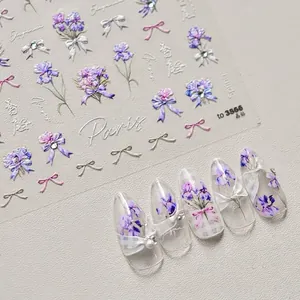 Purple Iris Flower Nail Art Stickers Relief Rhinestone Bowknot Self Adhesive Manicure Decals Decoration For Women Elegant