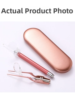 Detailed view of rose gold ear care set with precision tweezers and magnifying glass lens