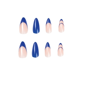 Blue French almond press-on nails set with elegant minimalist line designs on white background