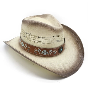 Ethnic straw cowboy hat with embroidered turquoise leather band and gradient brim