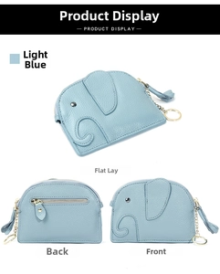 Detailed views of light blue elephant coin purse in lychee grain leather with key ring
