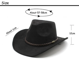 Schwarzer Cowboyhut Maße mit 8cm Krempe, 12cm Höhe und 57-58cm Umfang im Detail