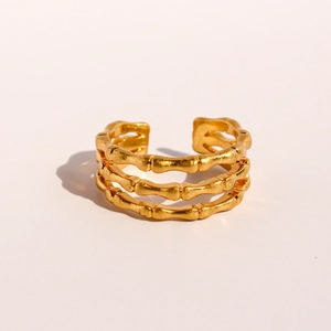 Bamboo Joint Multi Layer Open Adjustable Ring For Women Modern Gold Plated Brass Geometric Wave Versatile Jewelry