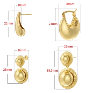 Minimalist gold geometric droplet and sphere stud earrings with dimension details