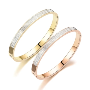 Luxury Stainless Steel Rhinestone Open Cuff Bracelet Elegant Pavé Inlaid Gold Rose Gold Silver Bangle Jewelry For Women