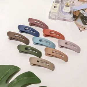 Detailed view of ten matte colorful hair clips in various muted tones on white background