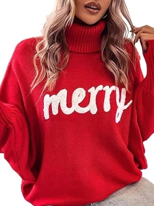 Women Christmas Turtleneck Sweater Merry Letter Embroidery Knit Pullover Loose Batwing Sleeve Winter Holiday Top