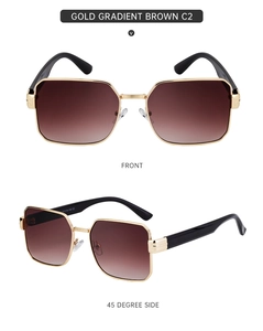 Front and 45-degree side views of gold square sunglasses with gradient brown lenses