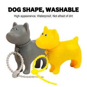 Portable dog-shaped waste bag dispenser with silicone strap in yellow and grey colors