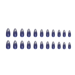 Sparkling galaxy blue almond press-on nails with silver glitter gradient, 24 piece set