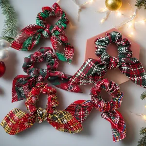 Elastici Per Capelli Natalizi Plaid Fiocco Orecchie Di Coniglio Stampa Fiocchi Di Neve Tessuto Elastico Porta Coda Per Donne Ragazze