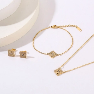 Lucky Clover Necklace Earrings Bracelet Stainless Steel Zircon Inlaid Fashion Hollow Floral Jewelry For Women