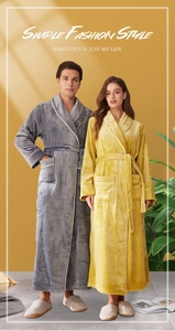 Detail of plush coral fleece robes with kimono collar, belt, and large front pockets