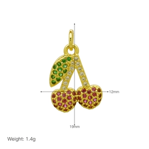 Detailed view of cherry pendant with red and green zircons including dimensions