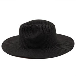 9.5cm wide brim black woven straw boater hat with stylish flat crown and textured finish