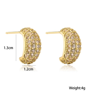 Luxurious gold-plated geometric C-shaped stud earrings with sparkling zircon stones