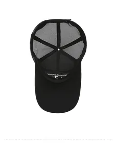 Detail view of the inner mesh structure and Outdoor Sports text on this black baseball cap