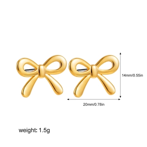 Detailed size view of 14k gold bow-knot stud earrings with dimensions and weight info