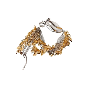 Multilayer irregular tassel bracelet with gold leaves and silver organic buckle detail