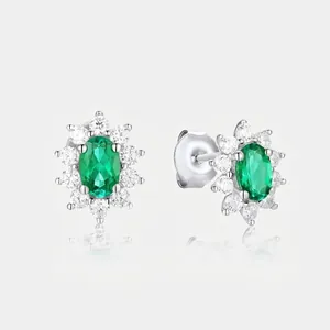 Vintage 925 Sterling Silver Lab-Grown Emerald Ruby Stud Earrings With Zirconia Halo Small Elegant Jewelry For Women Gift