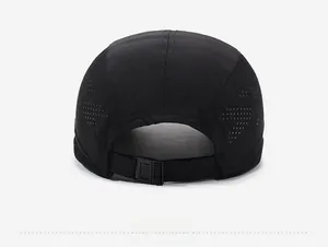 Rear view of black breathable sport cap with laser-cut holes and adjustable strap buckle