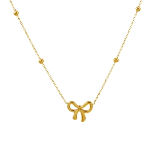 Bow pendant 18K gold titanium steel necklace with small metal beads on delicate chain