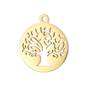 Macro shot of gold stainless steel round tree of life pendant with intricate cutout details