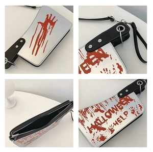 Detailed four-way view of a meat cleaver shaped Halloween bag with bloody handprints