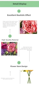 Detail showing artificial peony and rose petals with flexible stems for home decor