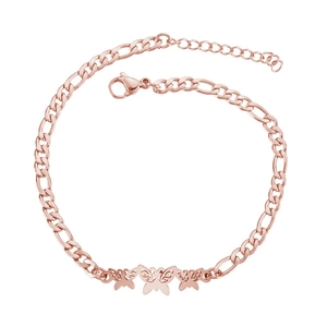 Rose gold butterfly Figaro chain anklet with three hollow charms on white background